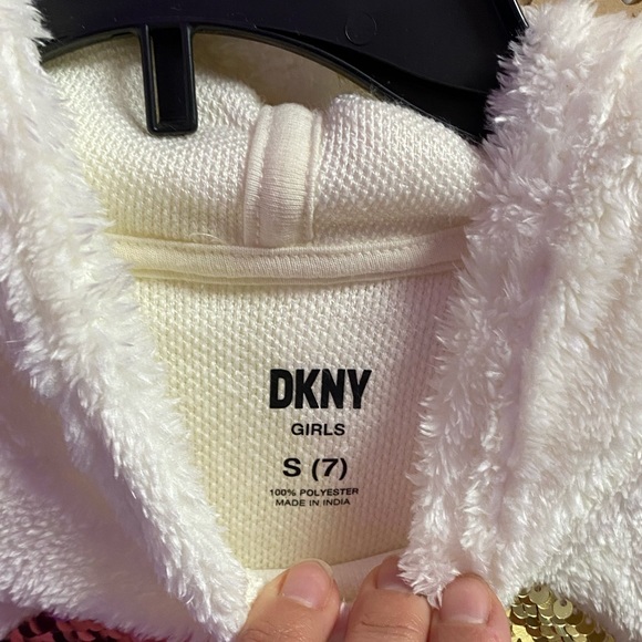 Girls size small fuzzy DKNY hoodie with gold and pink sequin heart - Picture 2 of 4
